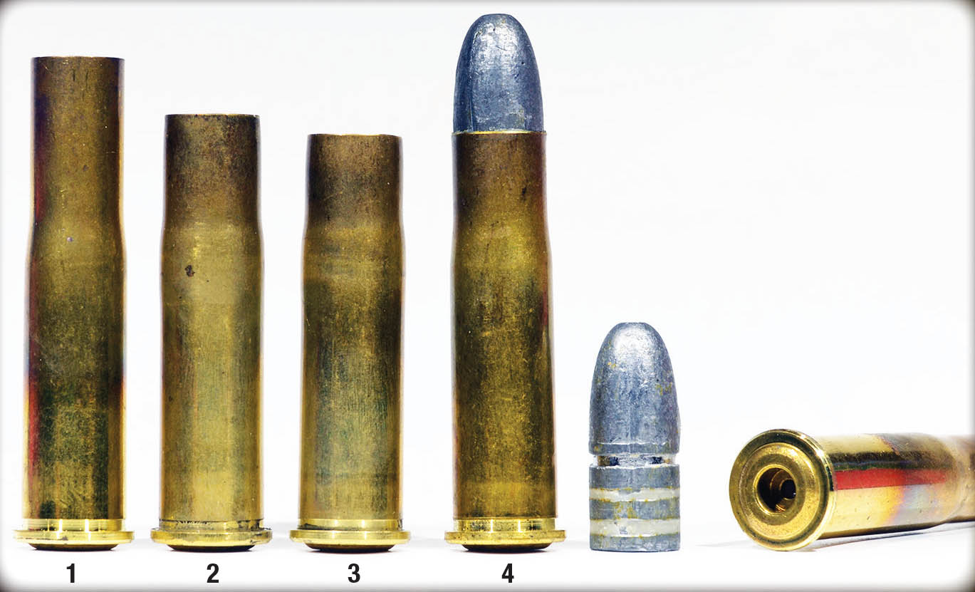Progression to the 11.15x51R: (1) original .43 Mauser case, (2) cut down to 2.1 inches then (3) to 2.0 inches, (4) a loaded round. The bullet is a 370-grain hollowbase from a custom Haley mould to duplicate the original UMC bullet for the .43 Mauser and .43 Spanish. Note the convex base of the cartridge case, known in Germany as the Type-A.